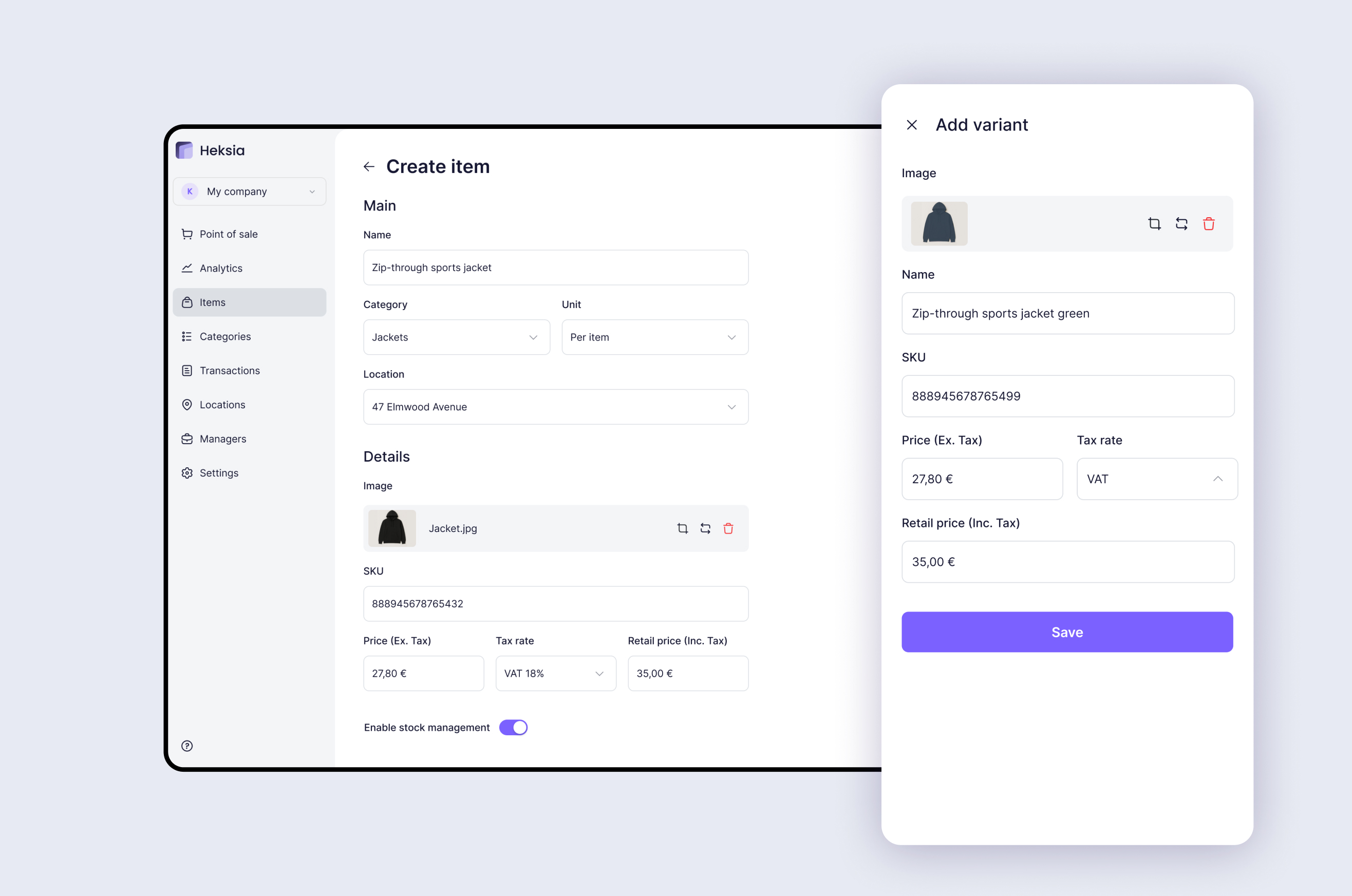 POS with product setup with SKUs, modifiers, and VAT